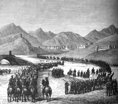 Divisie van generaal Ross steekt de Logar-rivier over op weg om Sir Donald Stewart te ontmoeten, ca. 1880 door Unbekannt