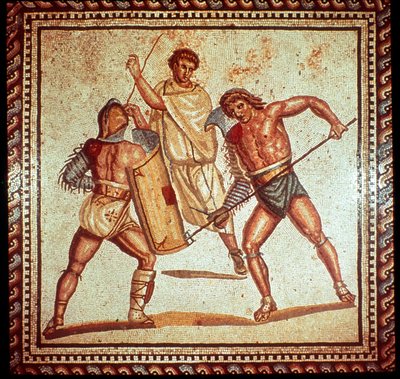 Gladiatoren in de arena, Romeins mozaïek, Saarbrücken, Duitsland door Unbekannt