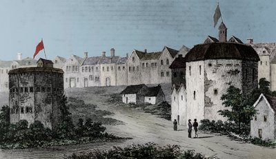 Globe Theatre, Bankside, Southwark rechts en de Bear Garden, ca. 1597 door Unbekannt