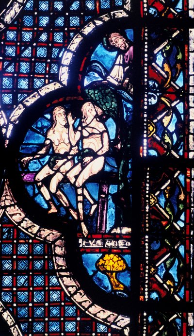 God confronteert Adam en Eva, glas-in-lood, kathedraal van Chartres, Frankrijk, 1205-1215 door Unbekannt