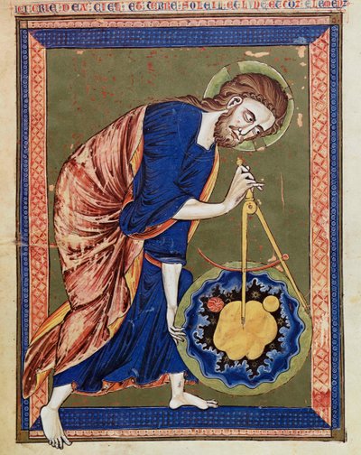 God, de Goddelijke Architect. Verlichting uit Bible moralisée, Codex Vindobonensis 2554, c.1250 (perkament) door Unbekannt