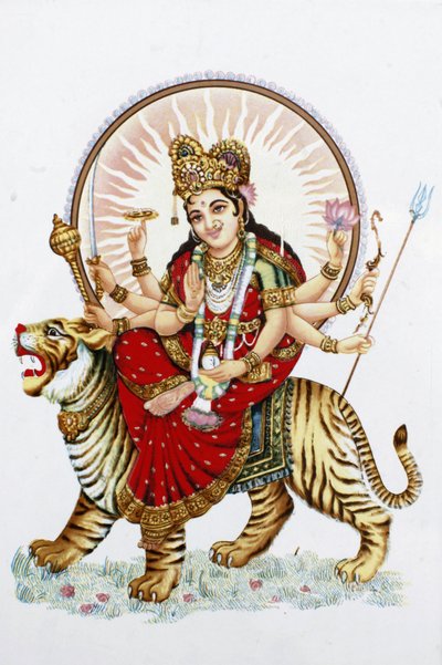 Godin Sherawali (Durga) rijdend op een tijger, Rishikesh, India door Unbekannt