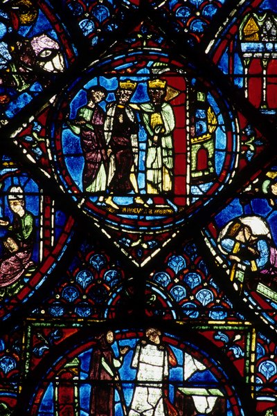 Gotische architectuur. Geschiedenis van Karel de Grote (detail): Karel de Grote ontvangen door Constantijn I, Byzantijnse keizer. Glas-in-lood van de noordelijke omgang, absidaal. Kathedraal van Chartres. door Unbekannt