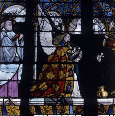 Gotische architectuur. Glas-in-lood van de Engel van de Aankondiging, detail van de Engel, circa 1450, door de Meester van Jacques Coeur (Jacob de Littem). Kathedraal van Bourges. door Unbekannt