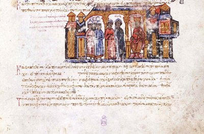 Grootvorstin Olga bezoekt Constantijn VII Miniatuur uit de Madrid Skylitzes, 11e-12e eeuw door Unbekannt