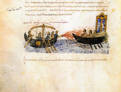 Grieks vuur. Miniatuur uit de Madrid Skylitzes, 11e-12e eeuw door Unbekannt