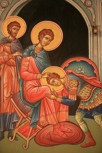 Grieks-orthodoxe icoon die Sint Nestor en Sint Dimitrios afbeeldt, Thessaloniki, Griekenland door Unbekannt