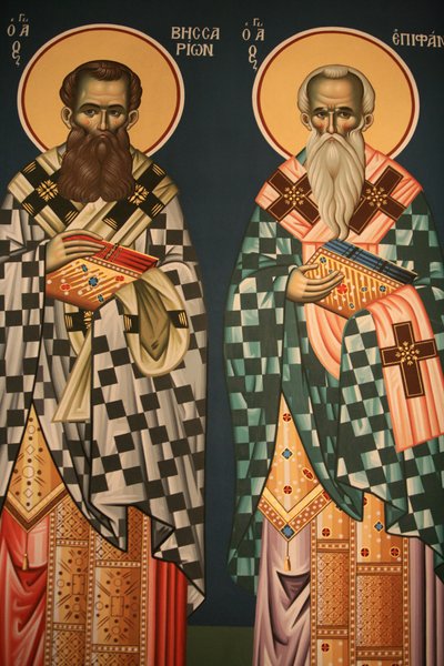 Grieks-orthodoxe icoon die Sint Vissarion en Sint Epiphanos afbeeldt, Thessaloniki, Griekenland door Unbekannt