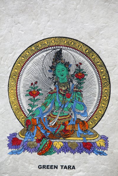 Groene Tara, Boeddhistisch symbool van welvaart. Kopan klooster, Bhaktapur, Nepal door Unbekannt