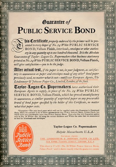 Garantie van openbare dienst obligatie - Taylor-Logan Co. Papermakers advertentie, 1919 door Unbekannt