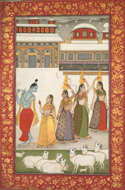 Gujari Ragini Krishna met Gopis die de fluit spelen, uit een Ragamala-serie, midden 1700 door Unbekannt