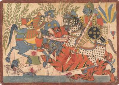 Harishchandra en zijn minister die een tijger doden, folio uit een Harishchandra-serie, 1800-1850 door Unbekannt