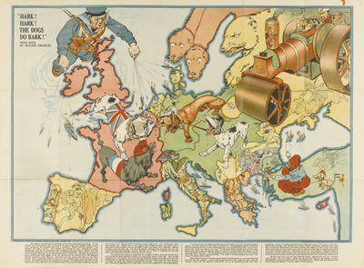Hark! Hark! De honden blaffen! Europese satirische kaart door Unbekannt