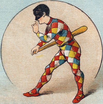 Harlekijn. Gravure in "Alphabet de ma petite fille". Bernardin-Bechet en Fils, boekverkopers-uitgevers, Parijs, rond 1895. Onbreekbaar album op canvas. Bibliotheque des Bebes. 12 pagina