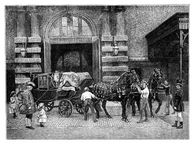 Het Aanspannen van de Zwarte Paarden bij de Koninklijke Stallen, Buckingham Palace, Londen door Unbekannt