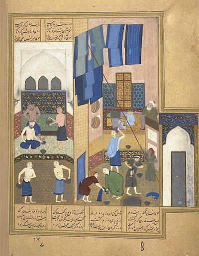 Harun al-Rashid en de binnenkant van een hammam uit een manuscript van de Khamsa van Nizami, ca. 1495 door Unbekannt
