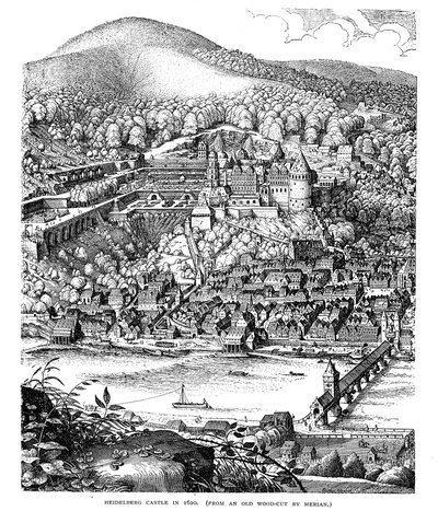 Kasteel Heidelberg en stad gezien over de Neckar rivier, Duitsland, 1620 door Unbekannt