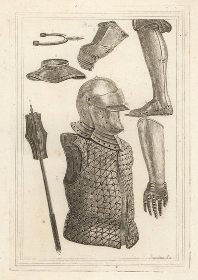 Helm en brigandine, ijzeren scheenplaat, handschoen van John of Gaunt, ijzeren handschoen, gorget, ijzeren knots, antieke ijzeren prikkerspoor door Unbekannt