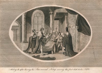 Hendrik II, nadat hij zijn zoon tot koning had gekroond, serveert het eerste gerecht aan zijn tafel, 1170, 1793 door Unbekannt