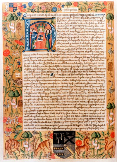 Eerste wet van het parlement van Hendrik VII met een initiële portret van de koning, eind jaren 1480 door Unbekannt