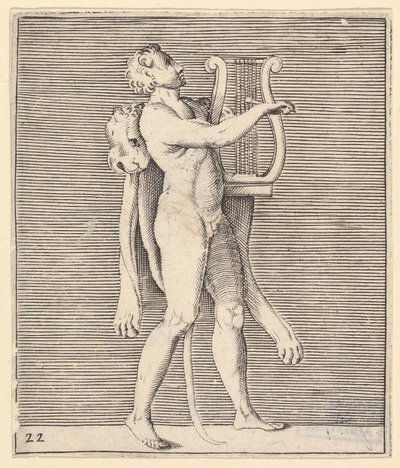 Hercules speelt een lier, een leeuwenhuid over zijn schouder gedrapeerd, gepubliceerd ca. 1599-1622 door Unbekannt
