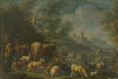 Herder met zijn kudde in romantisch landschap door Unbekannt