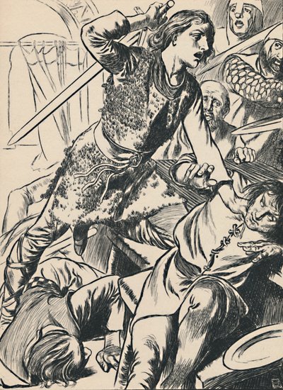 Hereward en zijn mannen vallen de Normandiërs aan, ca. 1907 door Unbekannt
