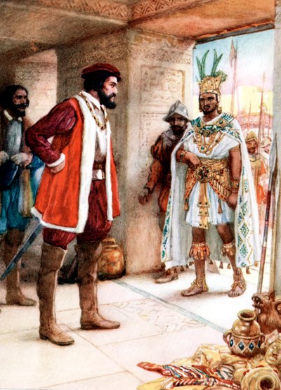 Hernan Cortes ontmoet de Azteekse keizer Montezuma door Unbekannt