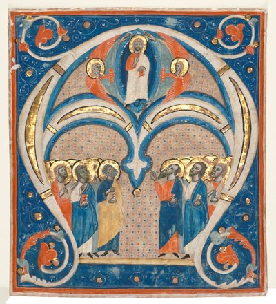 Geïllustreerde initiaal A uitgesneden uit een responsoriaal: Christus in majesteit met heiligen door Unbekannt