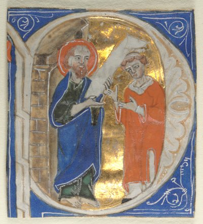 Geïllustreerde initiaal uitgesneden uit een Bijbel: St. Paulus en een geestelijke, 1200s door Unbekannt