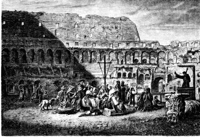 Geschiedenis van het oude Rome. De vastenpreek van de binnenkant van het Colosseum. Prent 1800 door Unbekannt