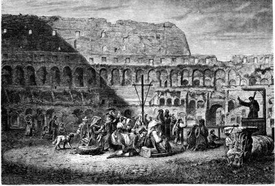 Geschiedenis van het Oude Rome. De vastenpreek van de binnenkant van het Colosseum. Prent 1800 door Unbekannt