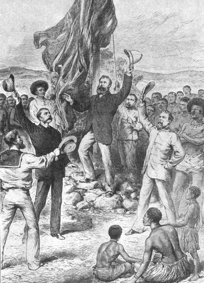 Het hijsen van de Britse vlag in Nieuw-Guinea, 1883: Mr. Chester...roept om drie hoera