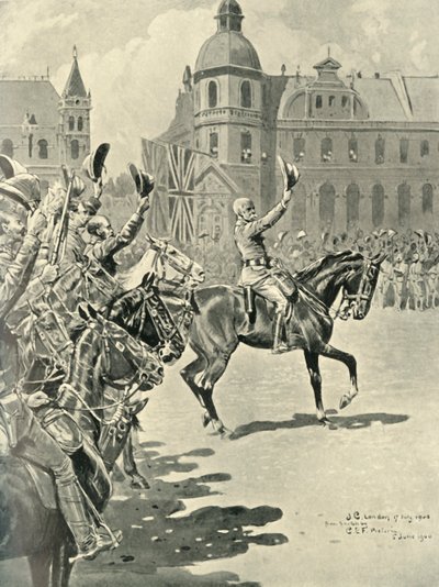 Het hijsen van de Britse vlag in Pretoria: Lord Roberts leidt juichen voor de koningin, 1900, 1901 door Unbekannt