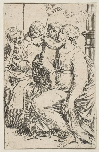 Heilige Familie met Sint Johannes de Doper, kopie in spiegelbeeld naar Cantarini door Unbekannt