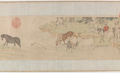 Paarden en verzorgers die een rivier oversteken, Yuan of vroege Ming dynastie, 14e eeuw door Unbekannt