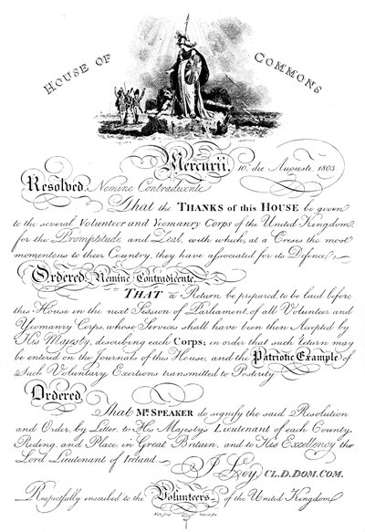 Resolutie van het Lagerhuis waarin dank wordt betuigd aan het Volunteer Yeomanry Corps, ca. 1905 door Unbekannt