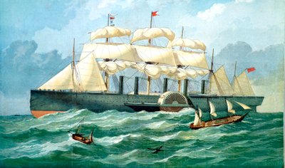 IK Brunels stoomschip Great Eastern met behuizing voor schoepenrad en zeilen door Unbekannt
