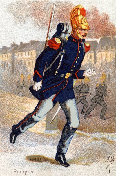 I: Brandweerman. Gravure in "Militair Alfabet" door Unbekannt