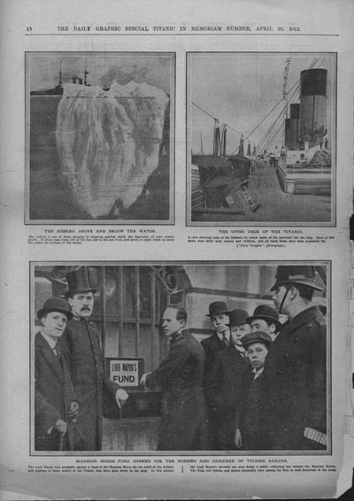 IJsberg, bovendek van de Titanic, en Mansion House fonds, 20 april 1912 door Unbekannt