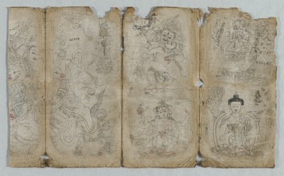 Iconografische tekening: Vaishravana, Yama, Vsnisavijaya, Tara en Boeddha recto, ca. 1500 door Unbekannt