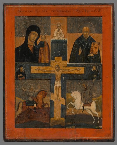 Icoon-Kruisiging met Kazan Moeder Gods, St. Nicolaas, St. Joris en Dimitri door Unbekannt
