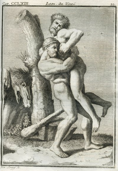 De Florentijnse schilder gebruikt het beeld van Hercules die in een dodelijke omhelzing Anteo vasthoudt, die van de grond getild niet langer onoverwinnelijk is, om de menselijke figuur te bestuderen terwijl hij een gewicht ondersteunt. Gravure uit Verhande door Unbekannt