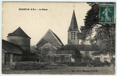 Île de France, Seine et Marne, Ozouer le Repos: buitenaanzicht van de kerk Saint Aubin - Ansichtkaart gedateerd 1908 door Unbekannt