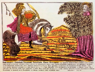 Ilya Muromets en Nightingale de Rover, Lubok print, 18e eeuw door Unbekannt