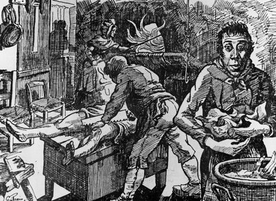 In Ardèche (Frankrijk), herberg Peyrebeille genaamd de rode herberg, beroemd door de misdaden gepleegd van 1807 tot 1833, hier, na het in stukken snijden van hun slachtoffers, stoppen de Martins en hun dienaar Jean Rochette hen in de oven, gravure door Unbekannt