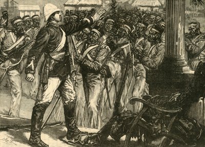 Incident in de Indiase muiterij: Luitenant De Kantzow kalmeert de Sepoys in Mynpooree, 1890 door Unbekannt