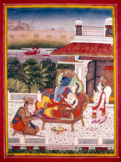 Indiase miniatuur die Krishna en een prinses op een bank toont, 18e eeuw door Unbekannt