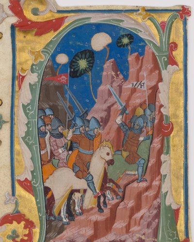 Initiaal A met de Slag van de Makkabeeën, ca. 1360-70 door Unbekannt