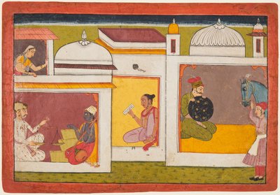 Binnen in een gebouw, Madhava zit tegenover een man met een weegschaal, uit een Madhavanala..., ca. 1700 door Unbekannt
